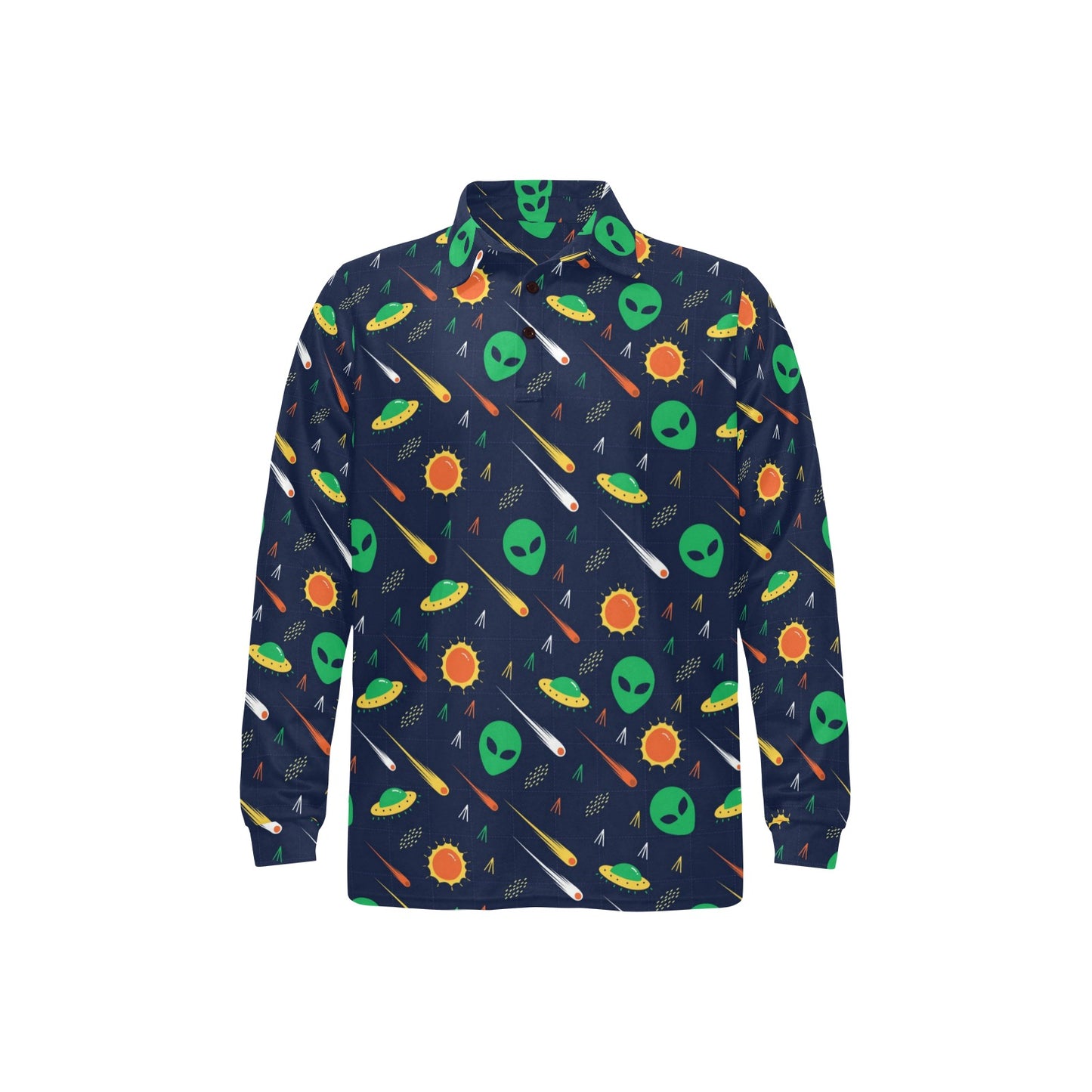 Alien UFO Pattern Print Design 05 Long Sleeve Polo Shirt For Men's