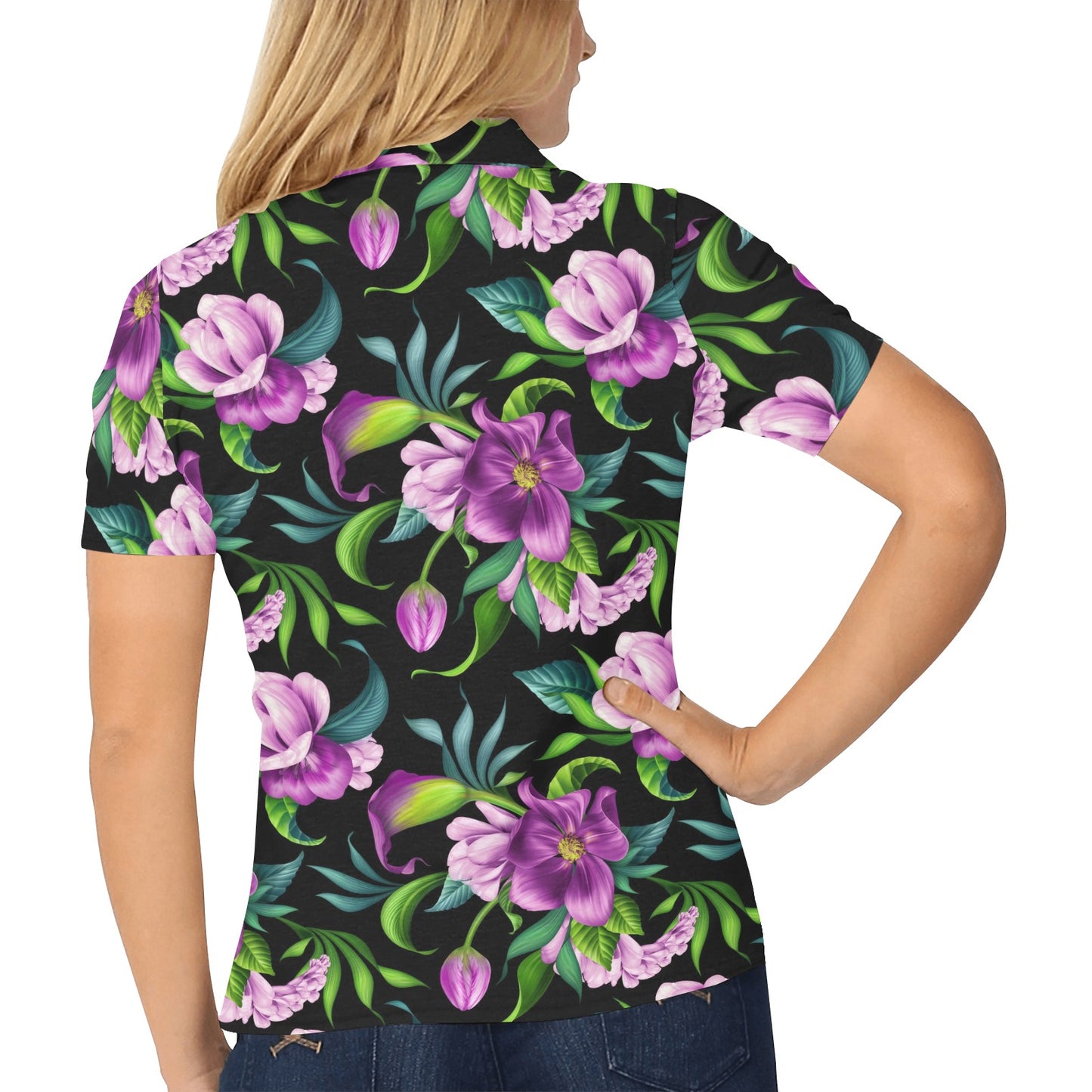 Bright Purple Floral Pattern Women's Polo Shirt