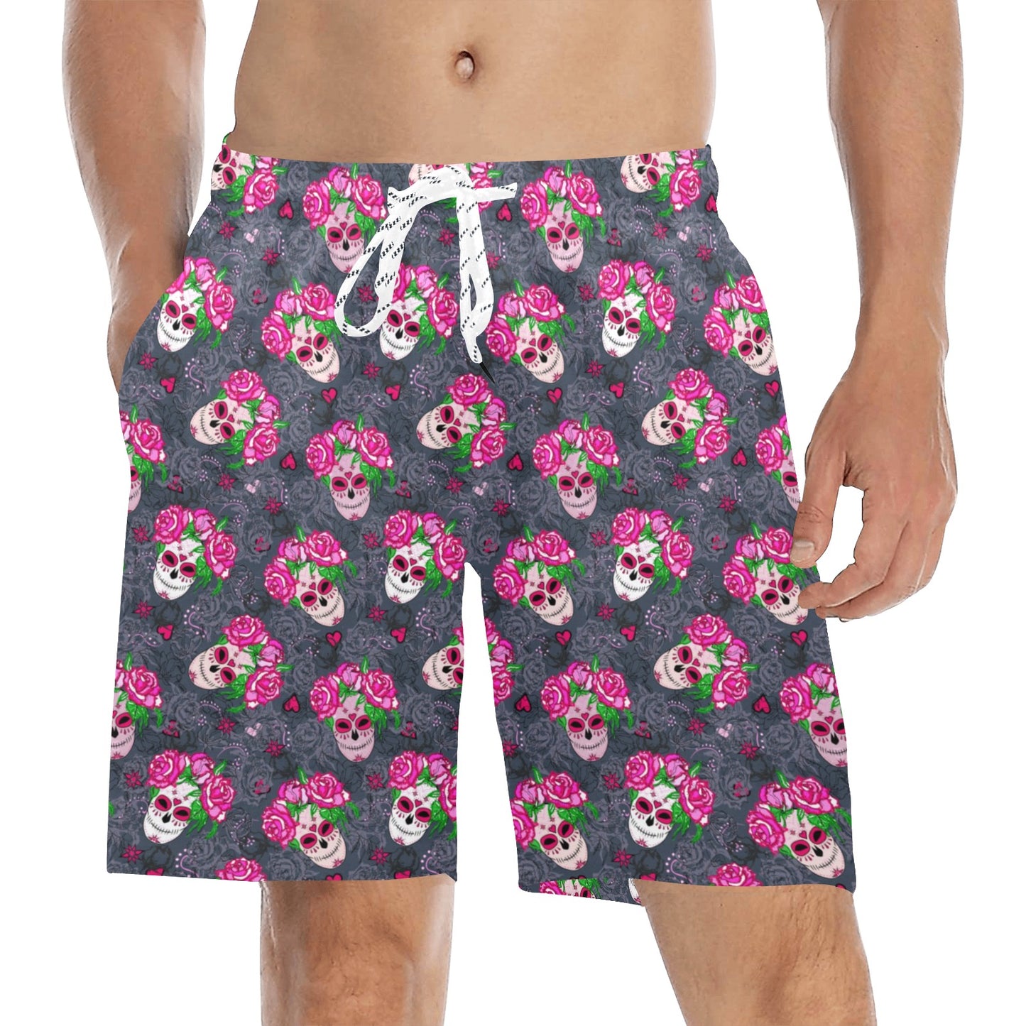 Sugar Skull Pink Rose Themed Print Men's Swim Trunks Beach Shorts