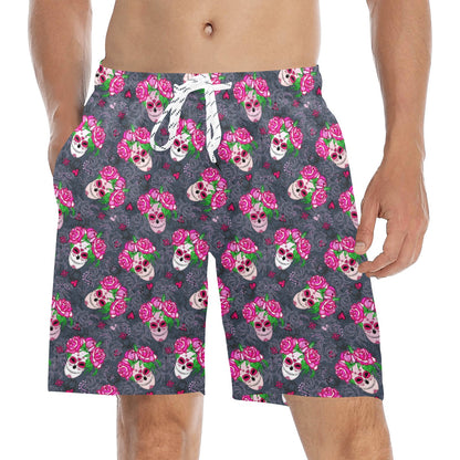 Sugar Skull Pink Rose Themed Print Men's Swim Trunks Beach Shorts