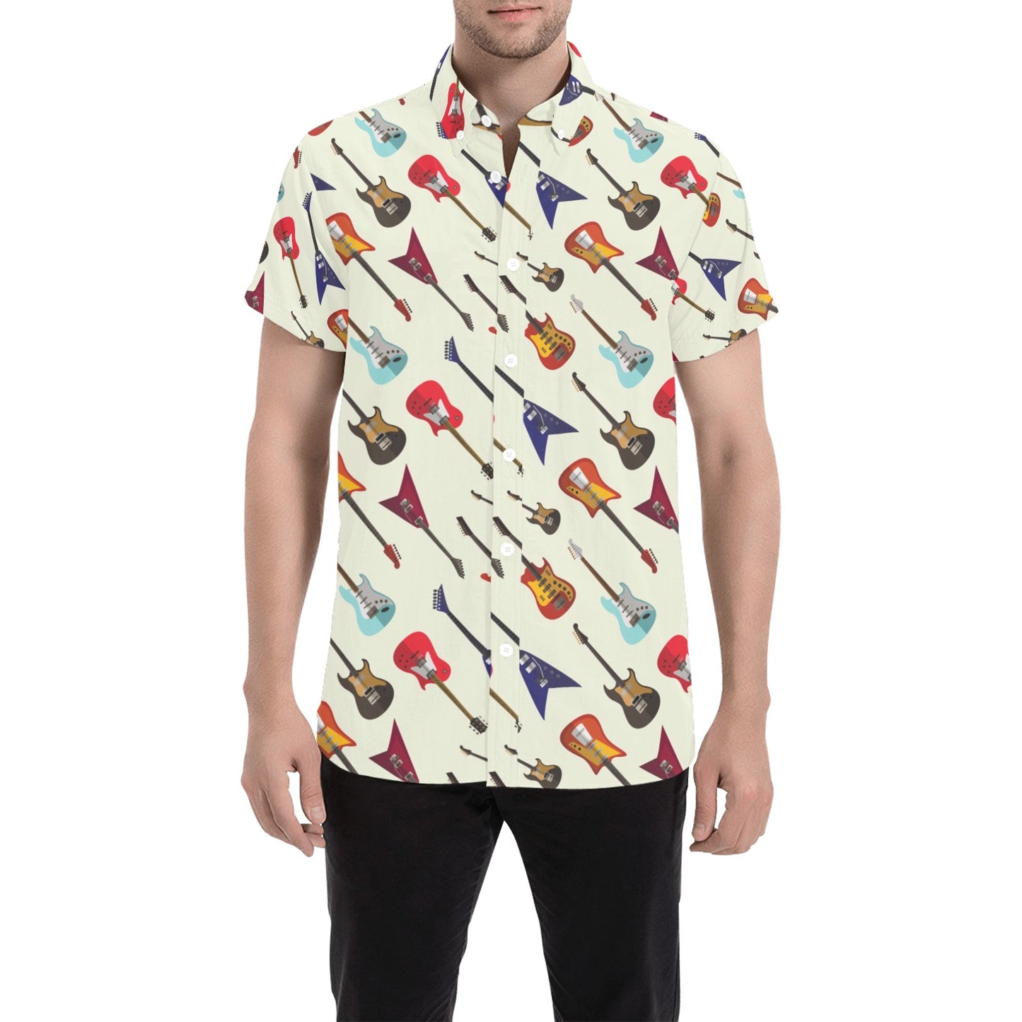 Electric Guitar Print Design LKS404 Men Short Sleeve Button Up Shirt