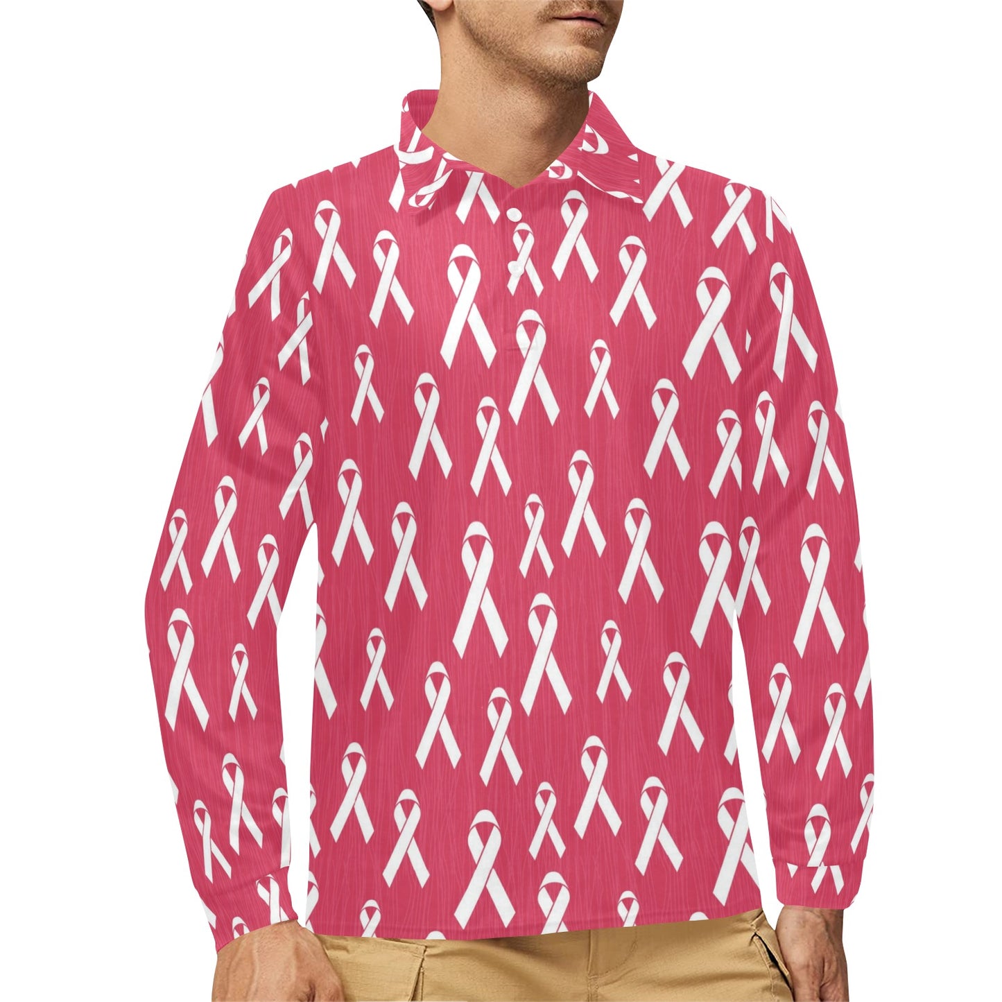 Breast Cancer Awareness Symbol Long Sleeve Polo Shirt For Men's