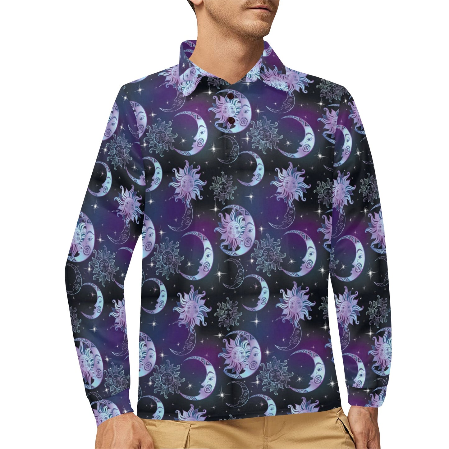 Sun Moon Print Design LKS303 Long Sleeve Polo Shirt For Men's