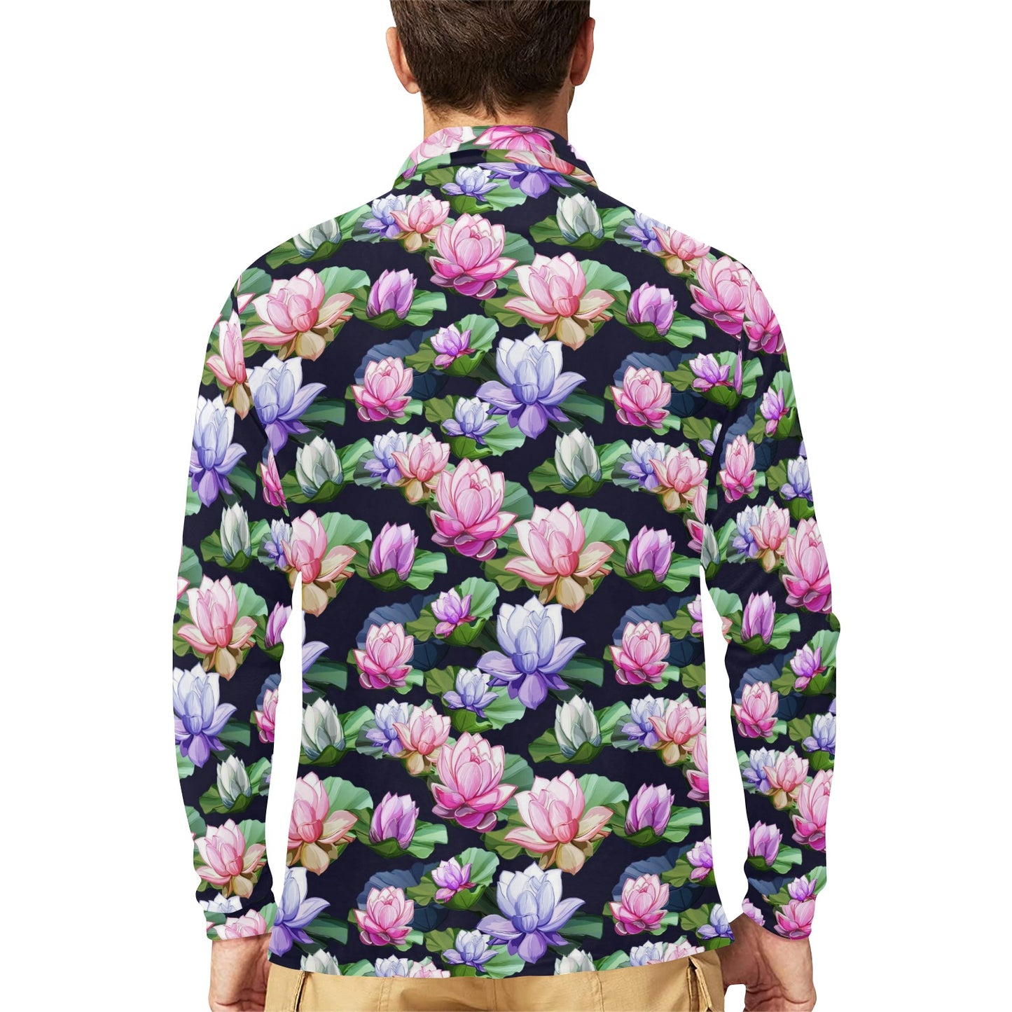Lotus Flower Print Design Long Sleeve Polo Shirt For Men's