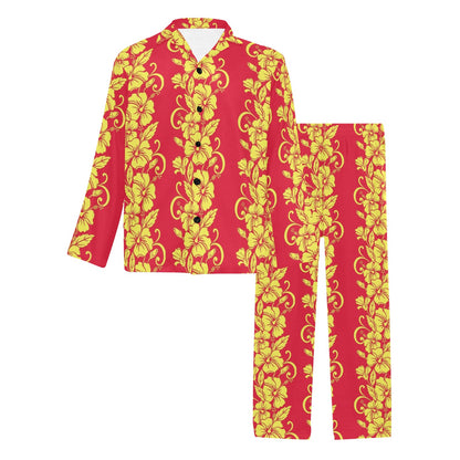 Orange Hibiscus Pattern Print Design HB018 Men's Long Pajama Set