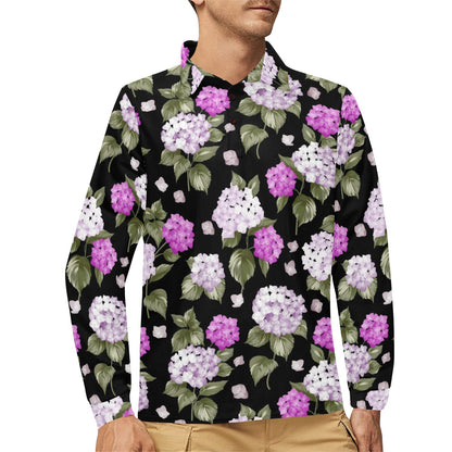 Hydrangea Pattern Print Design HD011 Long Sleeve Polo Shirt For Men's