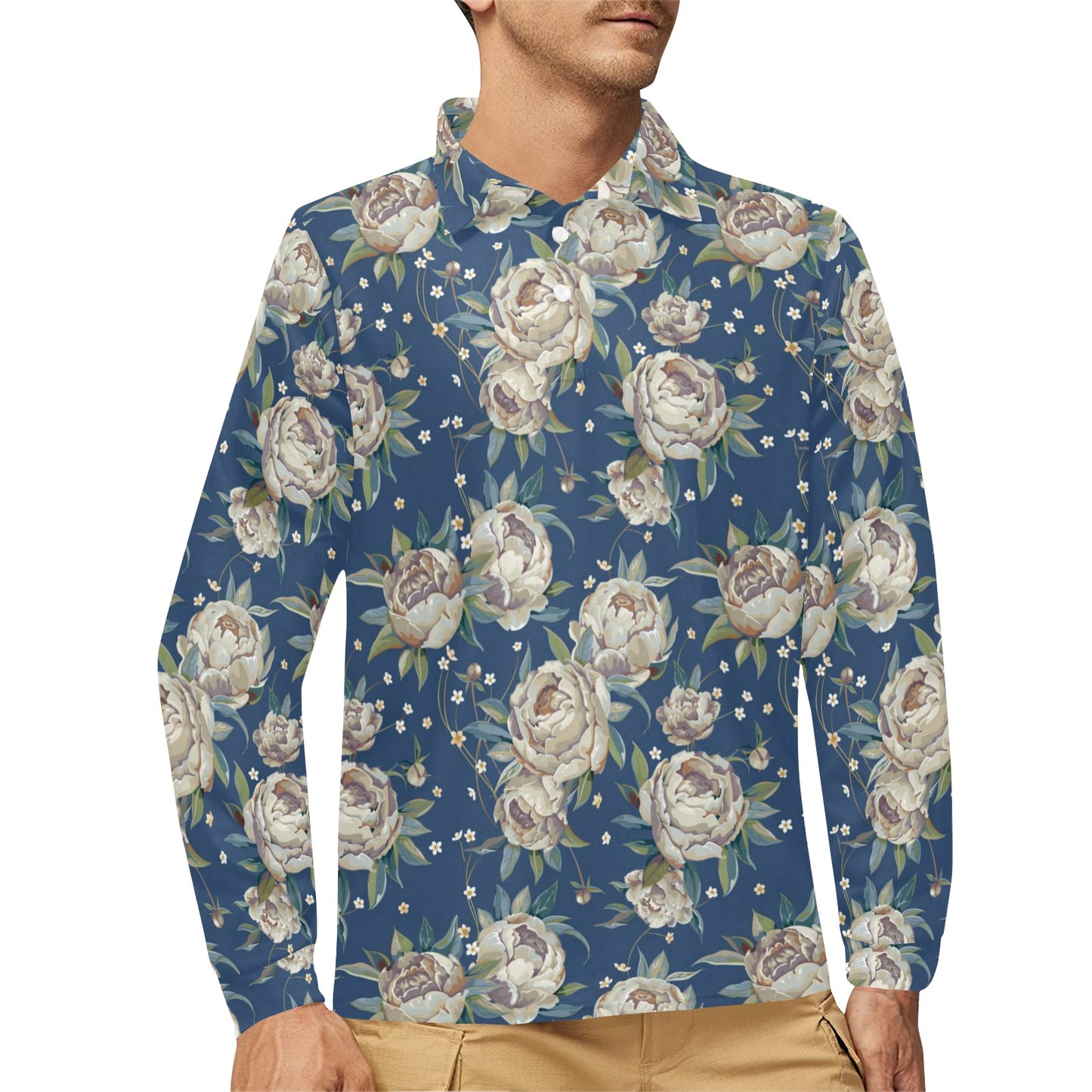Peony Pattern Print Design A03 Long Sleeve Polo Shirt For Men's