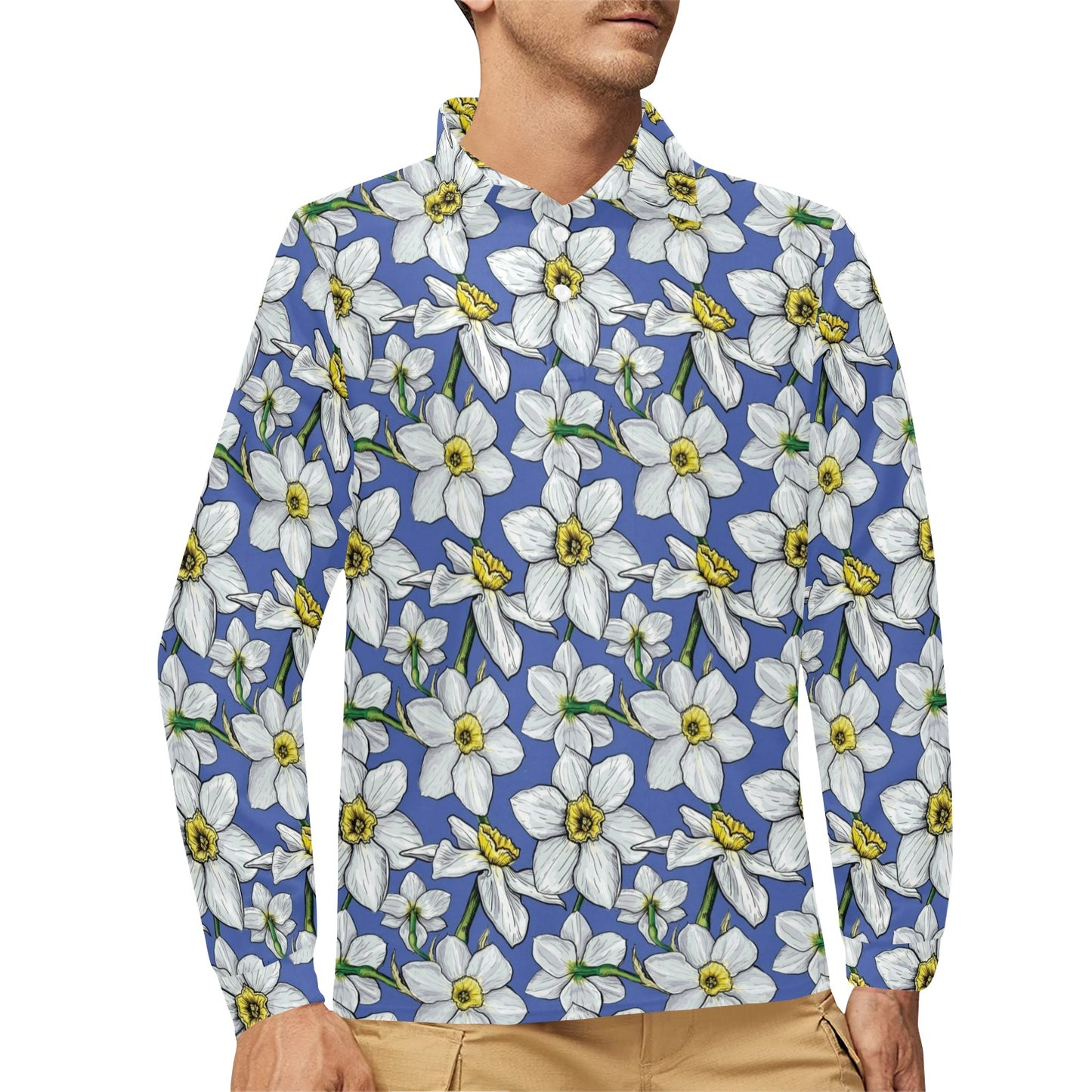 Daffodils Pattern Print Design DF08 Long Sleeve Polo Shirt For Men's