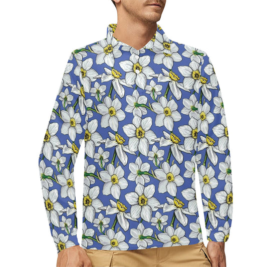 Daffodils Pattern Print Design DF08 Long Sleeve Polo Shirt For Men's