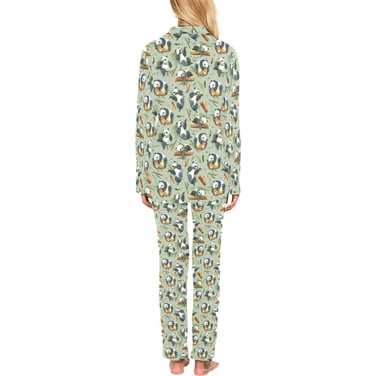 Panda Bear Design Bamboo Print Women's Long Pajama Set