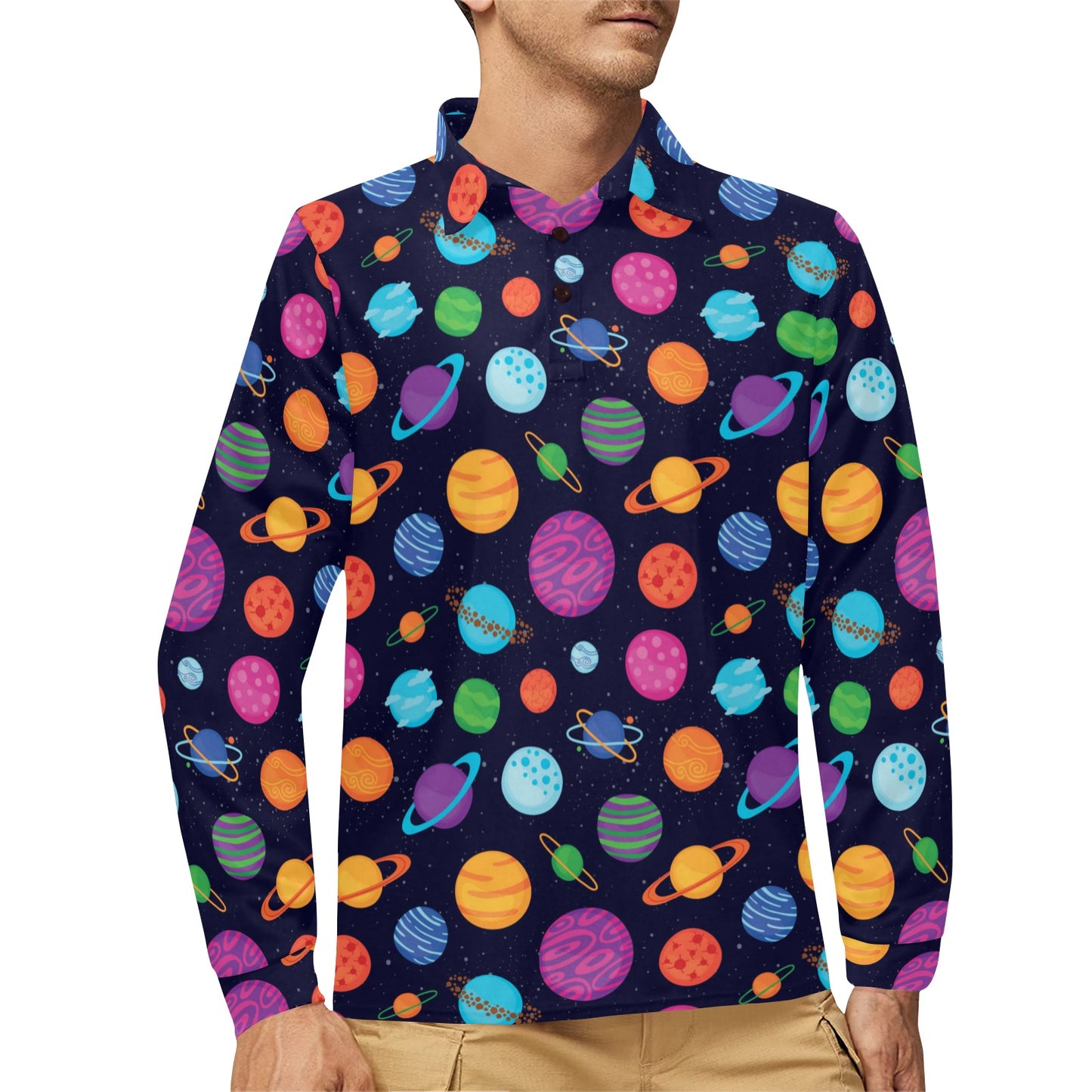 Planet Multicolor Print Design LKS302 Long Sleeve Polo Shirt For Men's