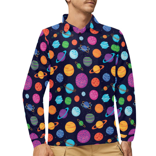 Planet Multicolor Print Design LKS302 Long Sleeve Polo Shirt For Men's