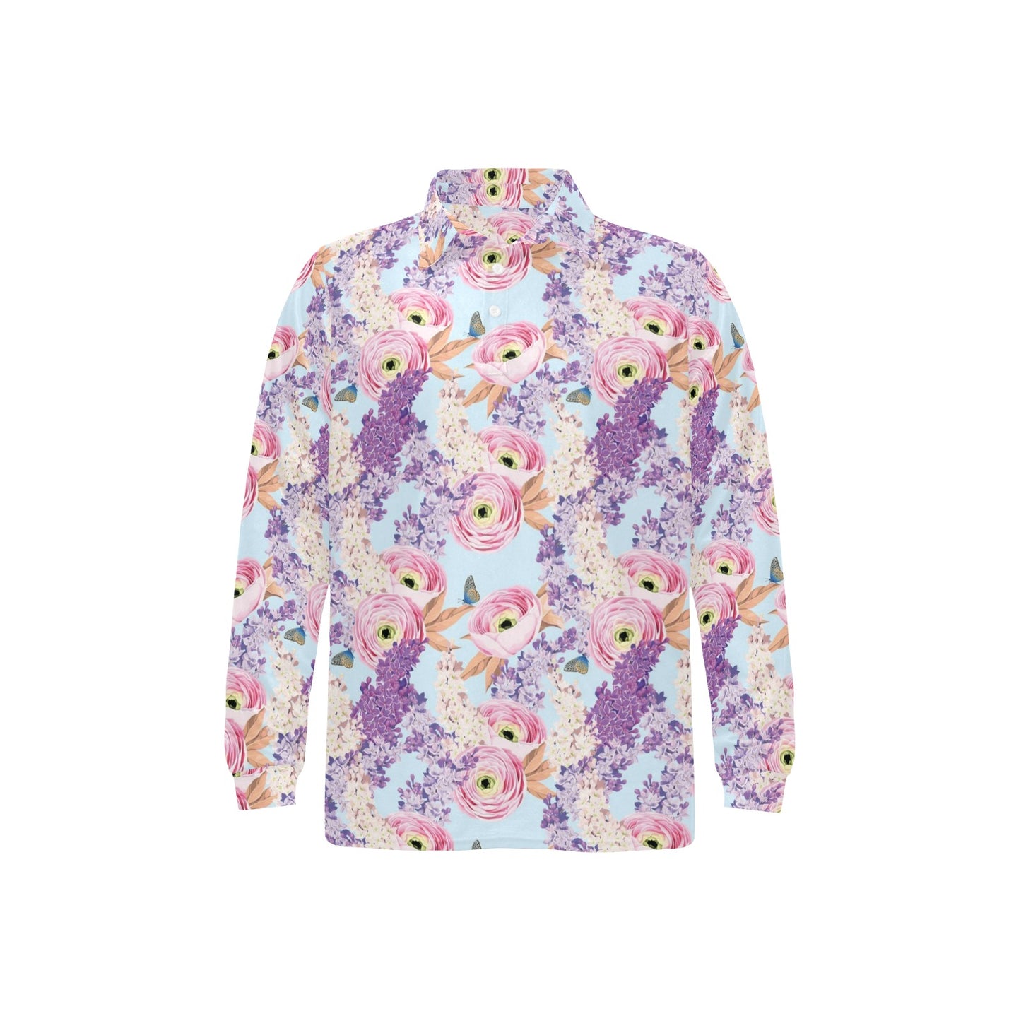 Lilac Pattern Print Design LI03 Long Sleeve Polo Shirt For Men's