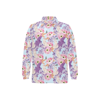 Lilac Pattern Print Design LI03 Long Sleeve Polo Shirt For Men's