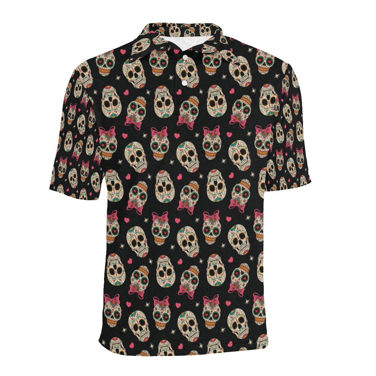 Sugar Skull Pink Bow Themed Print Men Polo Shirt