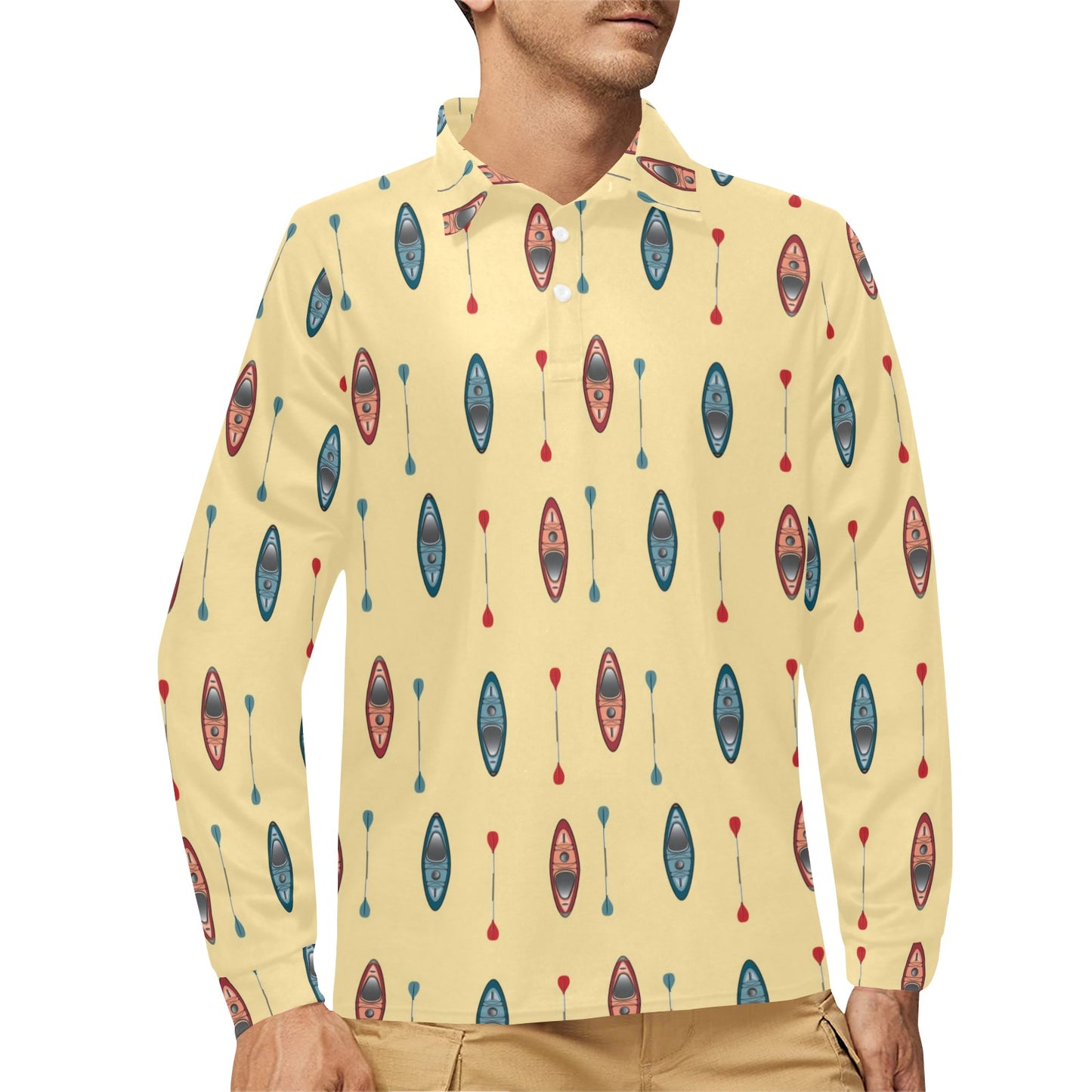 Kayak Pattern Print Design 02 Long Sleeve Polo Shirt For Men's