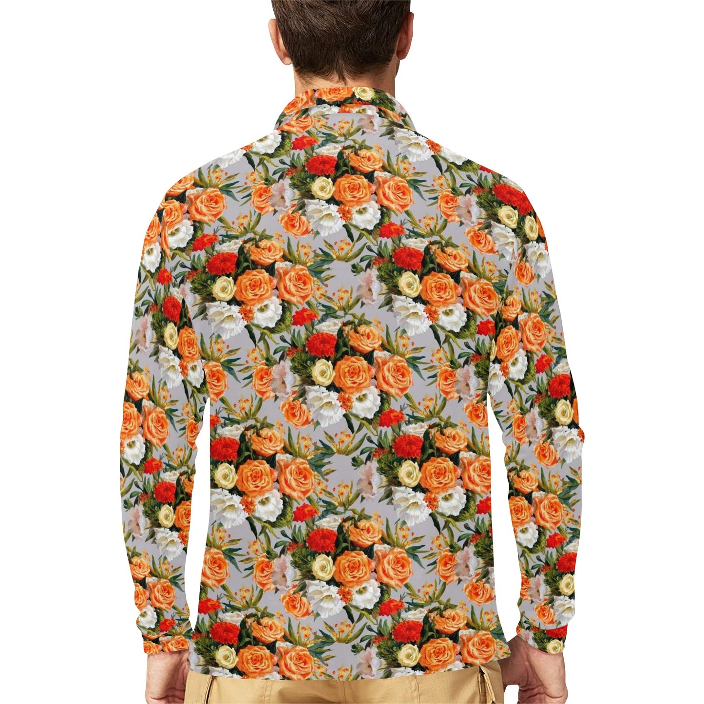 Lisianthus Pattern Print Design LT04 Long Sleeve Polo Shirt For Men's