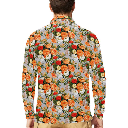 Lisianthus Pattern Print Design LT04 Long Sleeve Polo Shirt For Men's