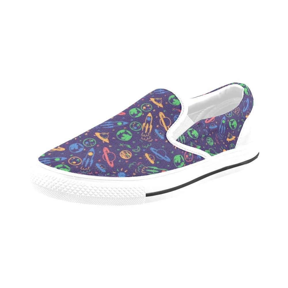 UFO Space Rocket Print Design LKS302 White Slip Ons Canvas Women's Shoes
