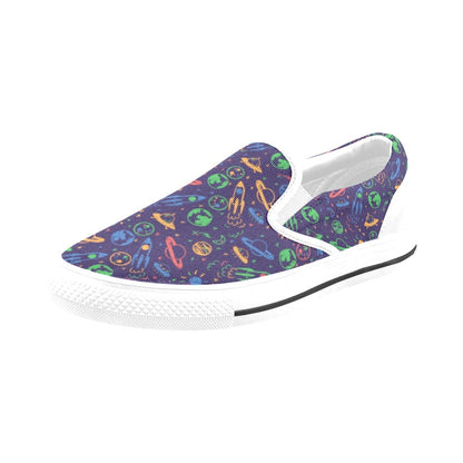 UFO Space Rocket Print Design LKS302 White Slip Ons Canvas Women's Shoes