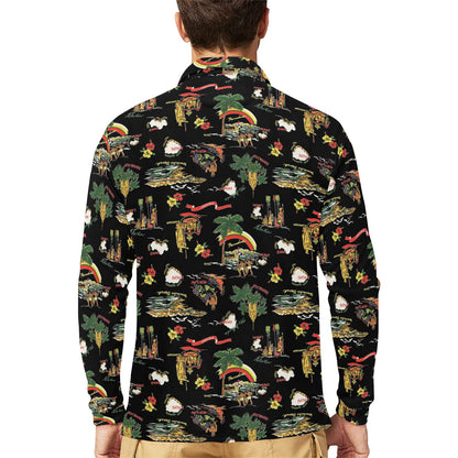 Hawaiian Island Themed Print Long Sleeve Polo Shirt For Men's
