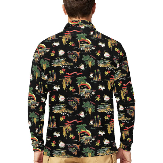 Hawaiian Island Themed Print Long Sleeve Polo Shirt For Men's
