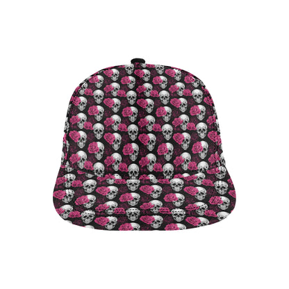 Pink Rose Skull Themed Print Snapback Cap