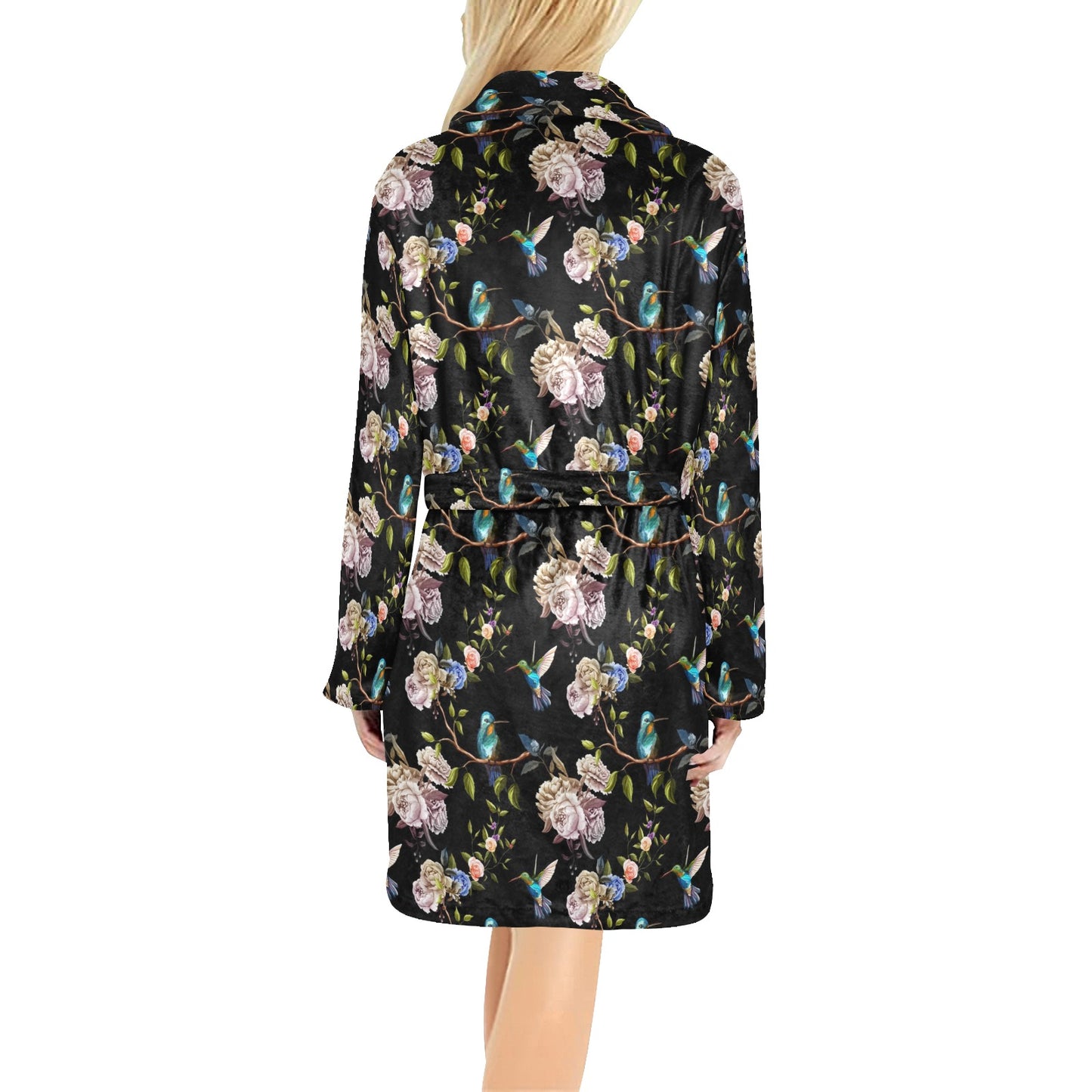 Hummingbird Flower Themed Print Women's Fleece Robe