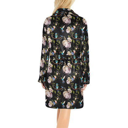 Hummingbird Flower Themed Print Women's Fleece Robe