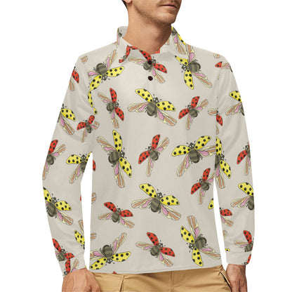 Ladybug Pattern Print Design 04 Long Sleeve Polo Shirt For Men's