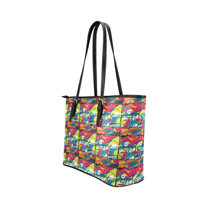 Dinosaur Comic Pop Art Style Leather Tote Bag