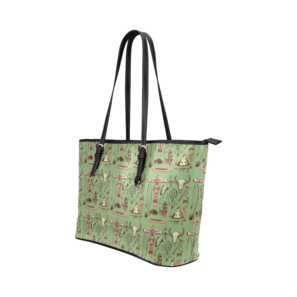 Native Indian Themed Design Print Leather Tote Bag
