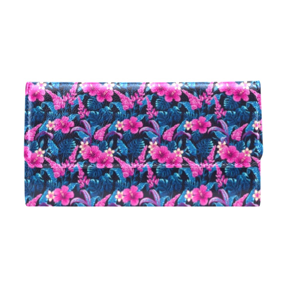 Tropical Folower Pink Themed Print Women's Trifold Wallet