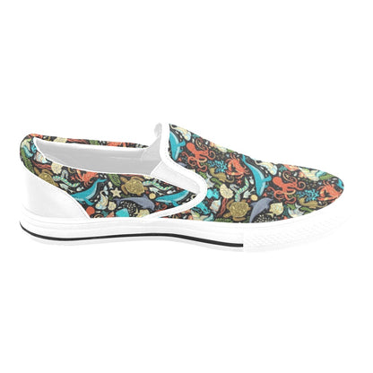Underwater Animal Print Design LKS301 White Slip Ons Canvas Women's Shoes