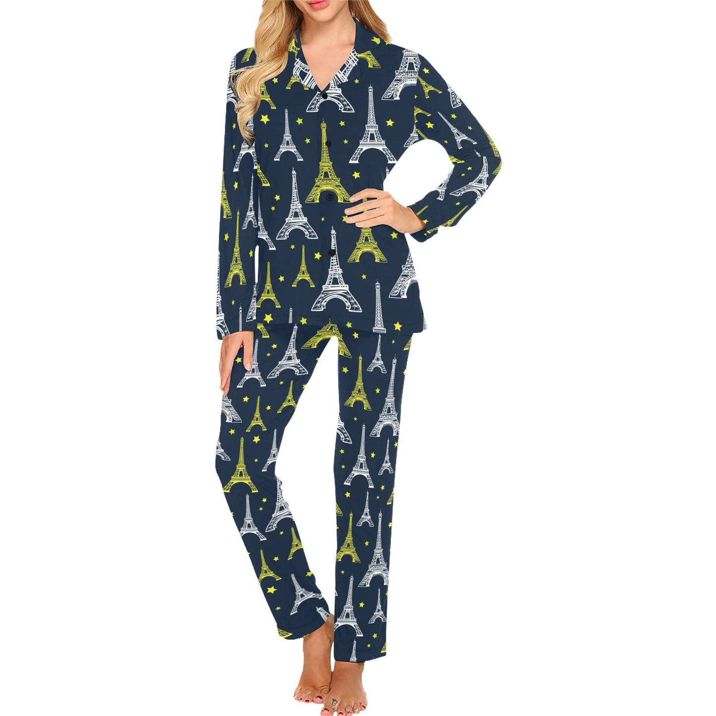 Eiffel Tower Star Print Women's Long Pajama Set