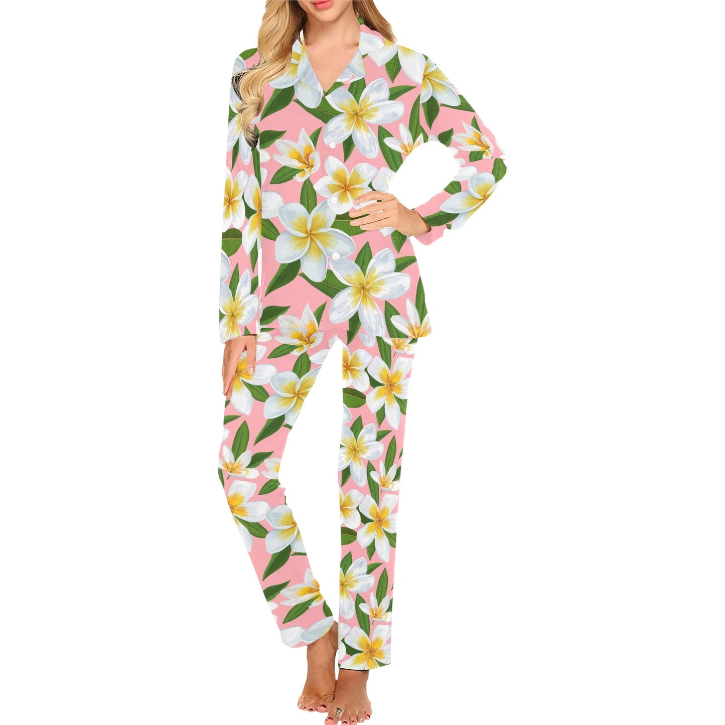 White Plumeria Pattern Print Design PM011 Women's Long Pajama Set