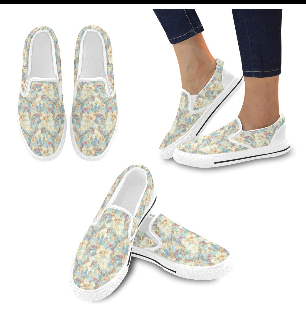 Summer Floral Print Design LKS302 White Slip Ons Canvas Women's Shoes