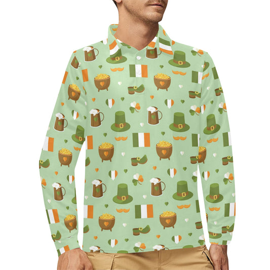 St Patricks Day Print Design LKS302 Long Sleeve Polo Shirt For Men's