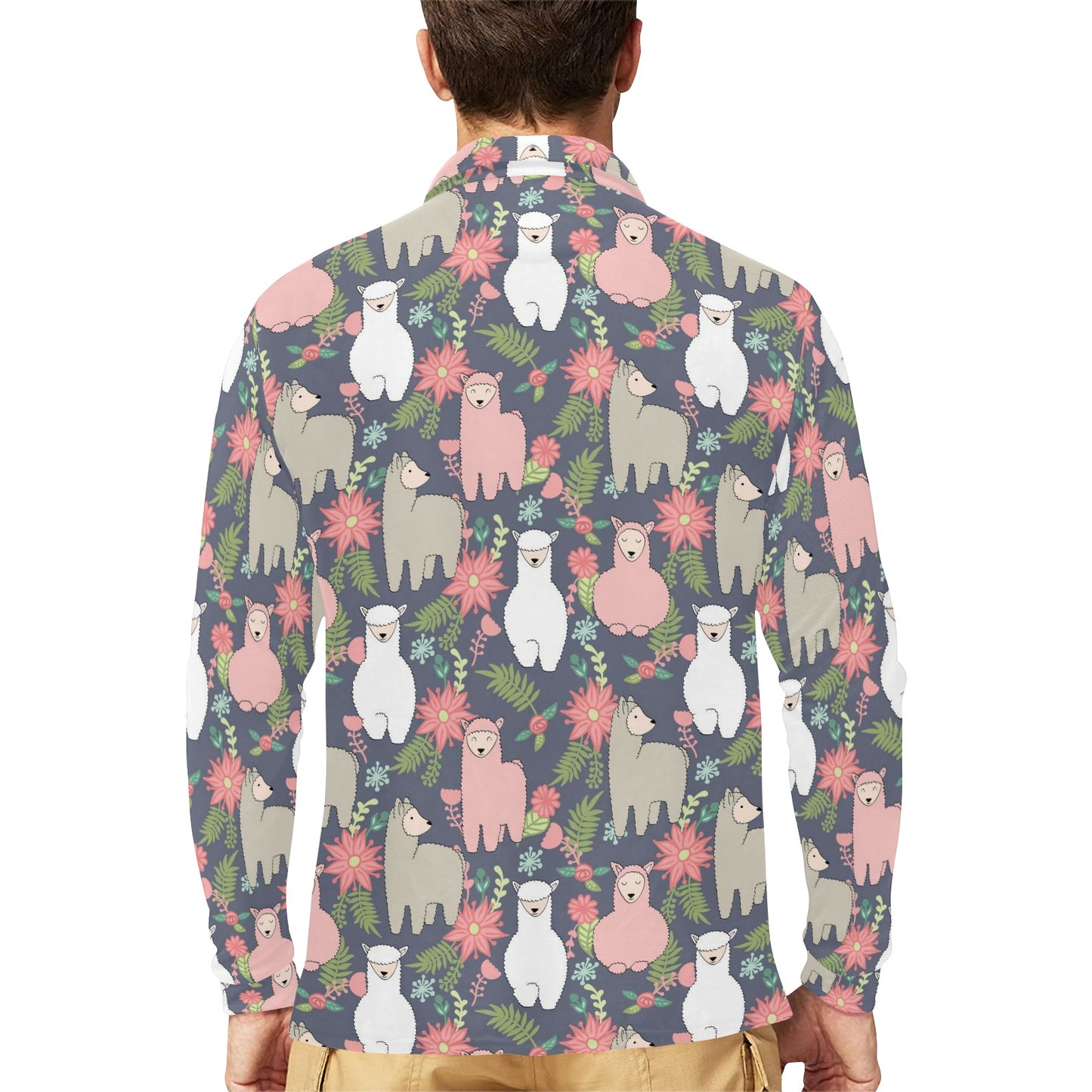 Alpaca Pattern Print Design 03 Long Sleeve Polo Shirt For Men's