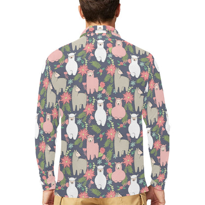 Alpaca Pattern Print Design 03 Long Sleeve Polo Shirt For Men's