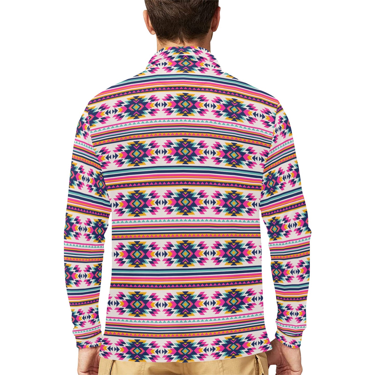 Indian Navajo Neon Themed Design Print Long Sleeve Polo Shirt For Men's