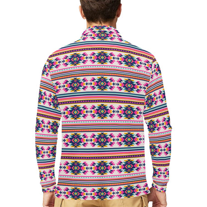 Indian Navajo Neon Themed Design Print Long Sleeve Polo Shirt For Men's