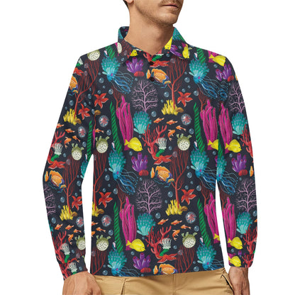 Underwater Cute Print Design LKS303 Long Sleeve Polo Shirt For Men's