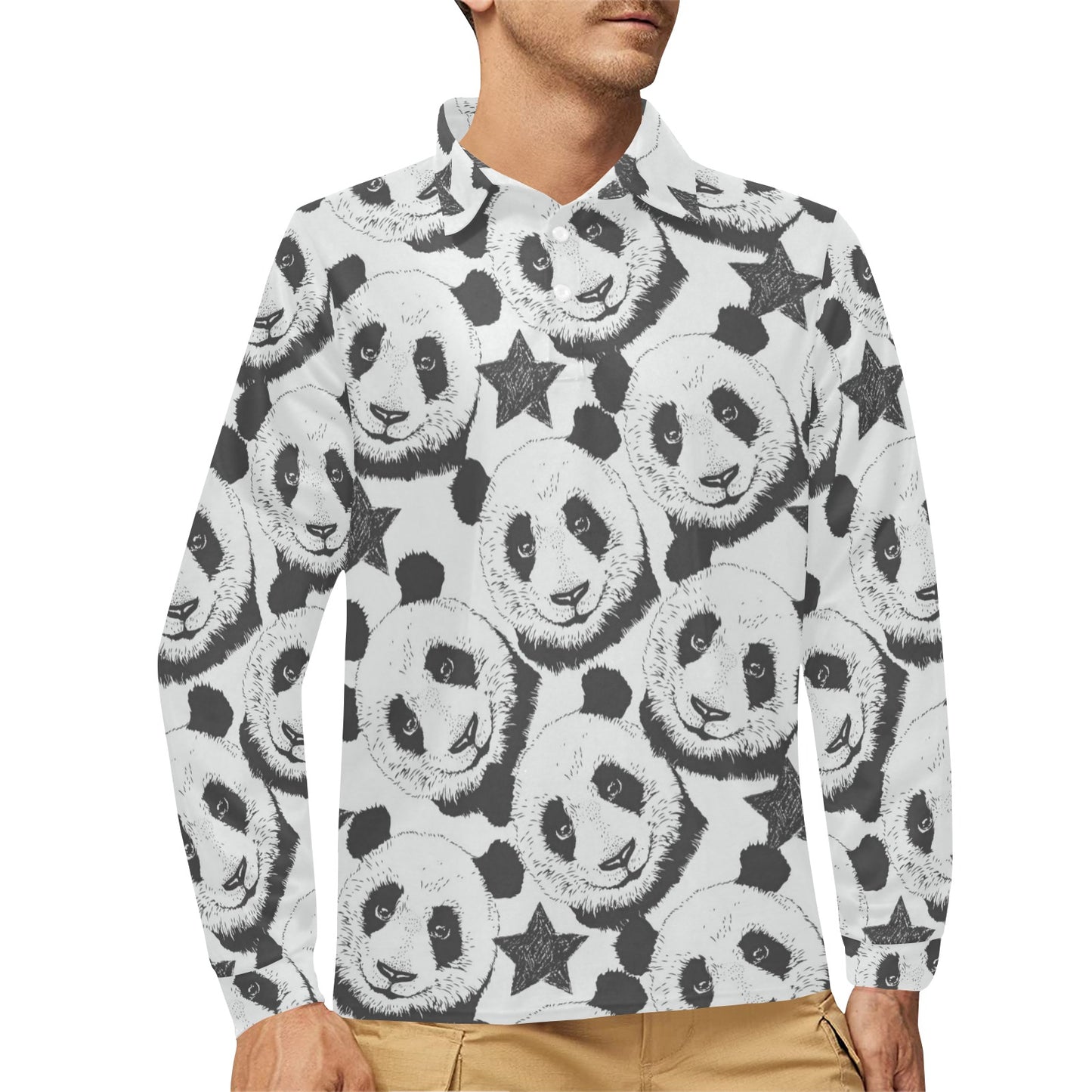Panda Pattern Print Design A02 Long Sleeve Polo Shirt For Men's