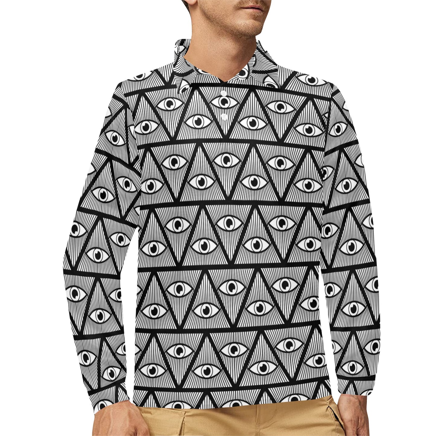 Third Eye Pattern Print Design LKS304 Long Sleeve Polo Shirt For Men's