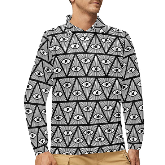 Third Eye Pattern Print Design LKS304 Long Sleeve Polo Shirt For Men's