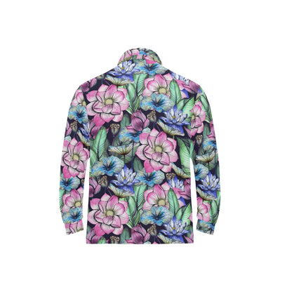 Water Lily Pattern Print Design WL07 Long Sleeve Polo Shirt For Men's