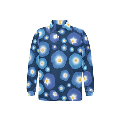 Morning Glory Pattern Print Design 02 Long Sleeve Polo Shirt For Men's