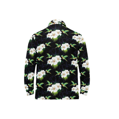 Hummingbird with Flower Pattern Print Design 03 Long Sleeve Polo Shirt For Men's