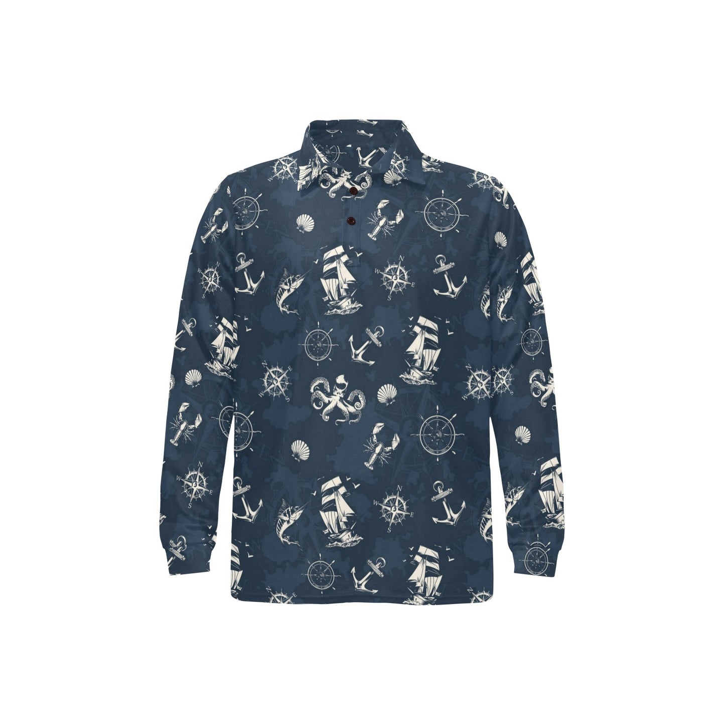 Nautical Sea Themed Print Long Sleeve Polo Shirt For Men's
